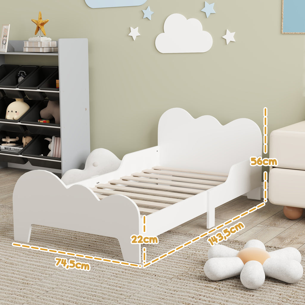AIYAPLAY Kinderbett Bodenbett 70x140 cm mit Sicherheitsbarriere, Lattenrost inklusive und Wolken-Dekorationen, Weiß
