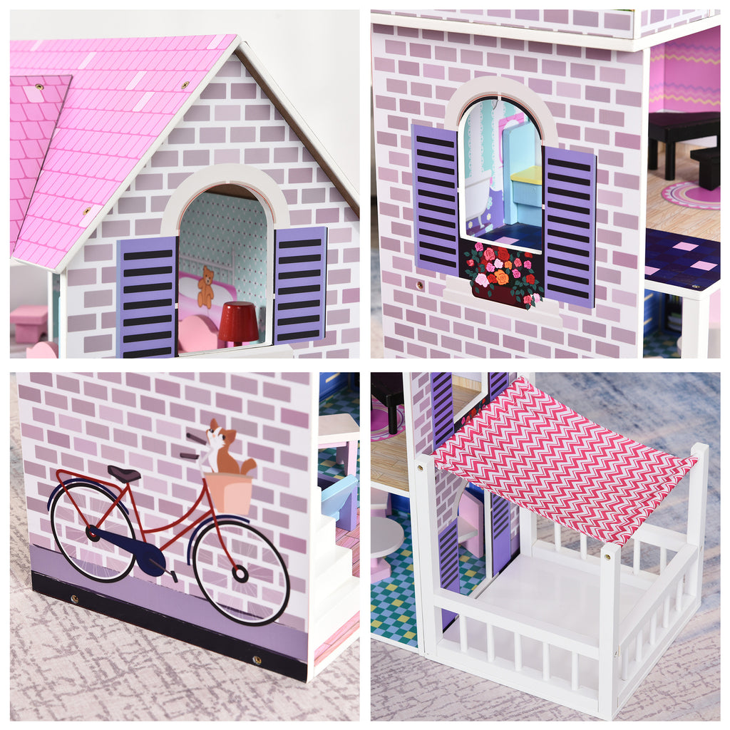 HOMCOM Puppenvilla Mädchen Spielzeug Kinder Puppenhaus aus Holz Puppenstube Dollhouse 3 Etagen mit Möbel und Zubehör 86 x 30 x 87 cm