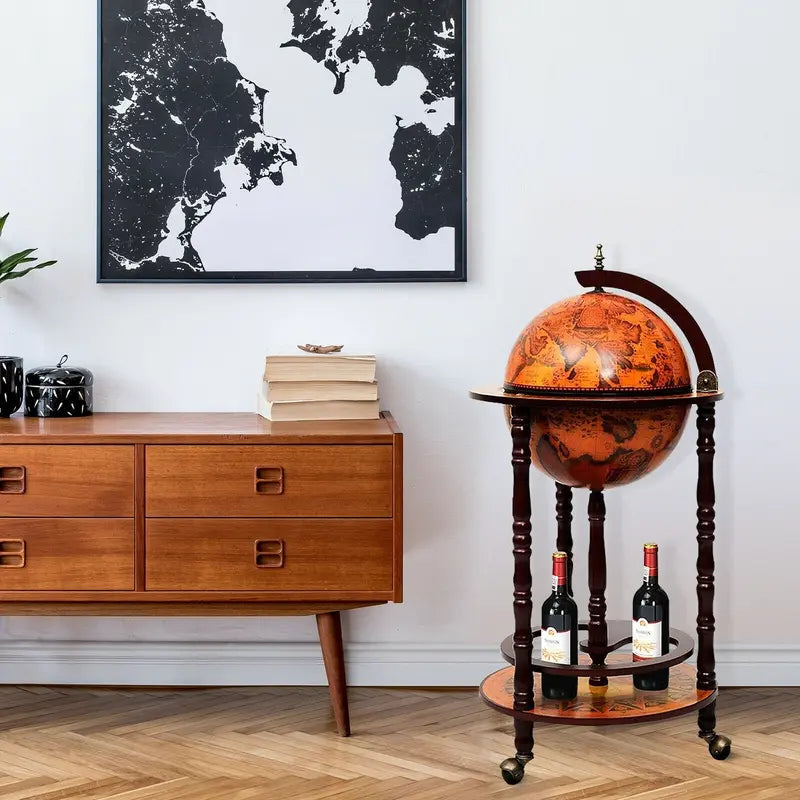 17-Inch Vintage-Style Wooden Wine Bar Stand – Italian-Inspired Liquor Rack with Casters and 16th-Century Aesthetic