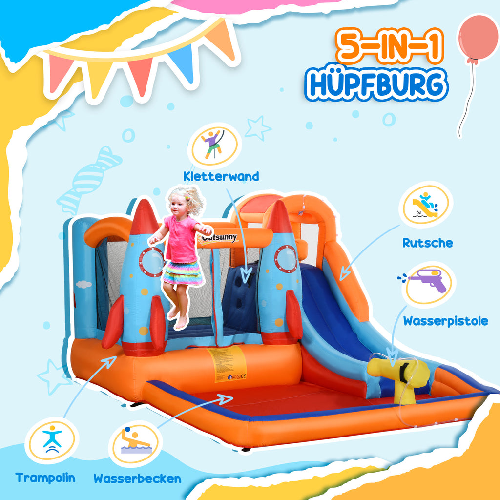 Outsunny Aufblasbare Hüpfburg inkl. Gebläse, Flicken und Befestigungsmaterial, 350 cm x 250 cm x 185 cm, Mehrfarbig