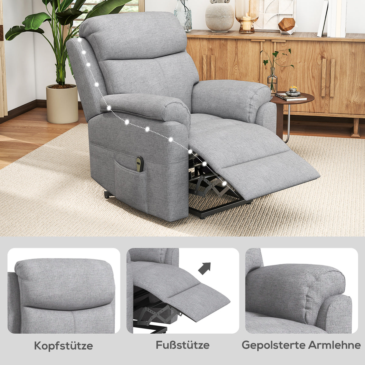 HOMCOM Elektrischer Aufstehsessel, Sessel mit Aufstehhilfe, Relaxsessel mit Schlaffunktion, Leinenoptik, 83 x 89 x 102 cm, Grau