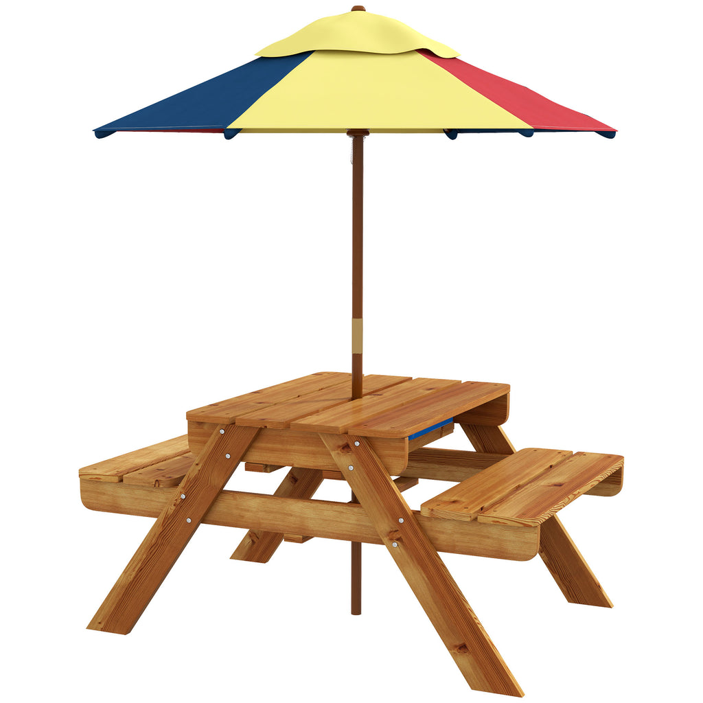 Outsunny Kindergarten Picknicktisch-Set mit Bänken, abnehmbarem Sonnenschirm, 2 Kunststoffbehältern, 2-in-1-Tisch für 4 Kinder