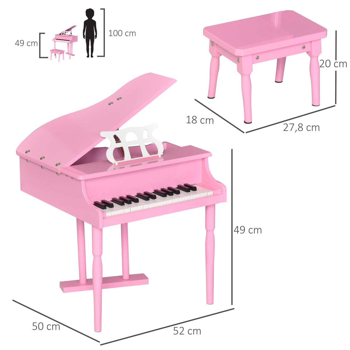 HOMCOM Kinder-Flügelpiano aus Holz mit 30 Tasten - inkl. Hocker und Notenständer - MDF in Rosa