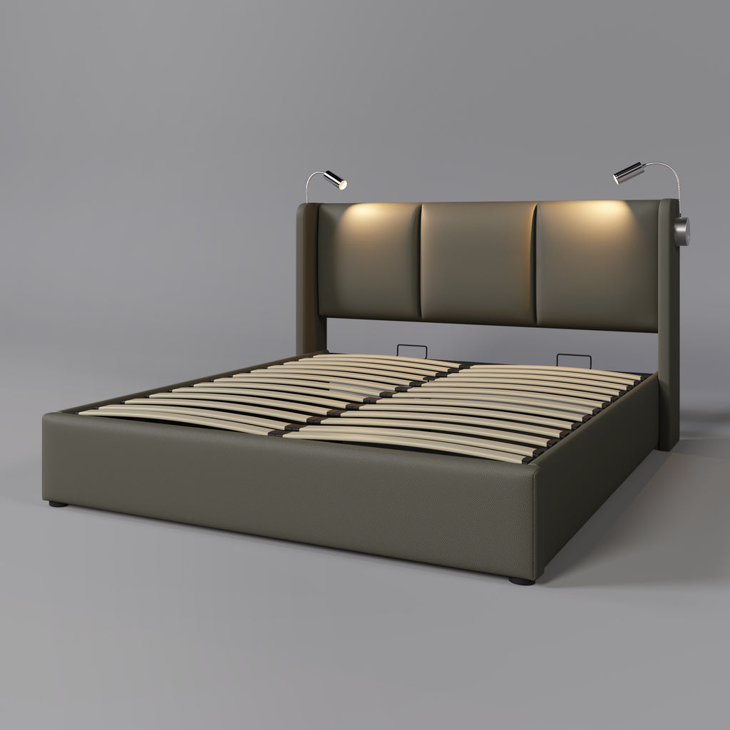 Bettgestell 140x200 – Doppelbett mit Stauraum, LED-Lampe und USB-Anschluss fürs Wohnzimmer, robust, gepolstertes Kopfteil, grau