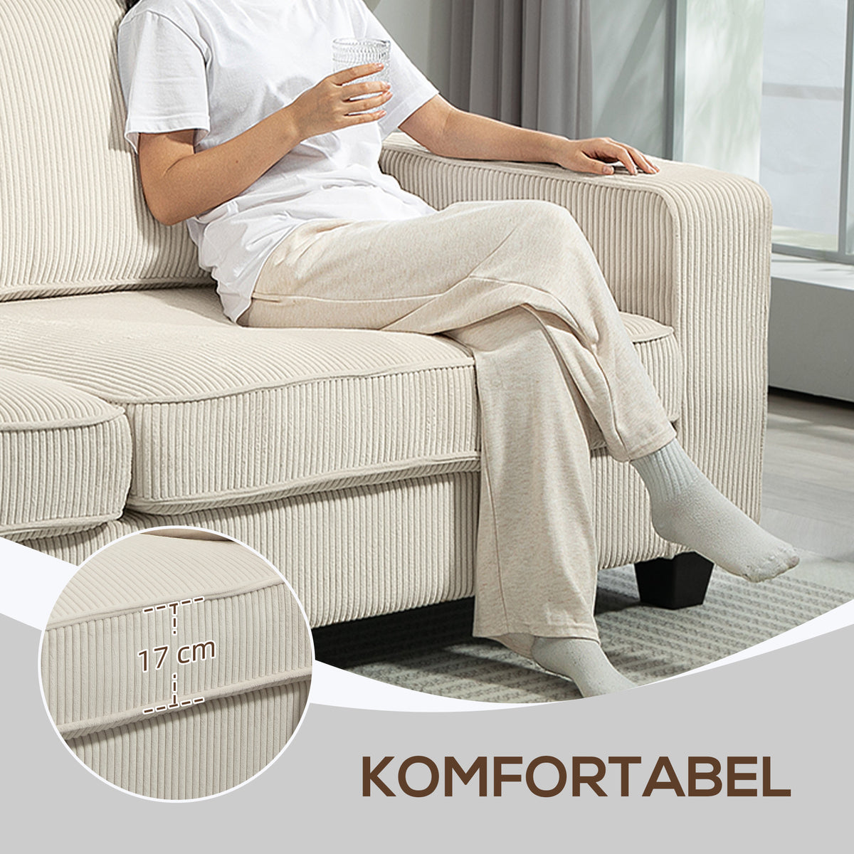 HOMCOM 3-Sitzer Sofa mit Cordbezug, Wohnzimmersofa mit Federkern, bis 400 kg, 227 x 84 x 87 cm, Cremeweiß