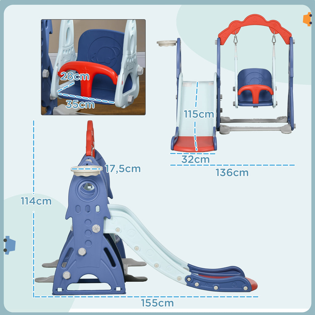 AIYAPLAY Spielplatz Set mit Rutsche und Schaukel für Kinder 3-in-1 mit Basketballkorb, 155L x 136B x 114H cm blau