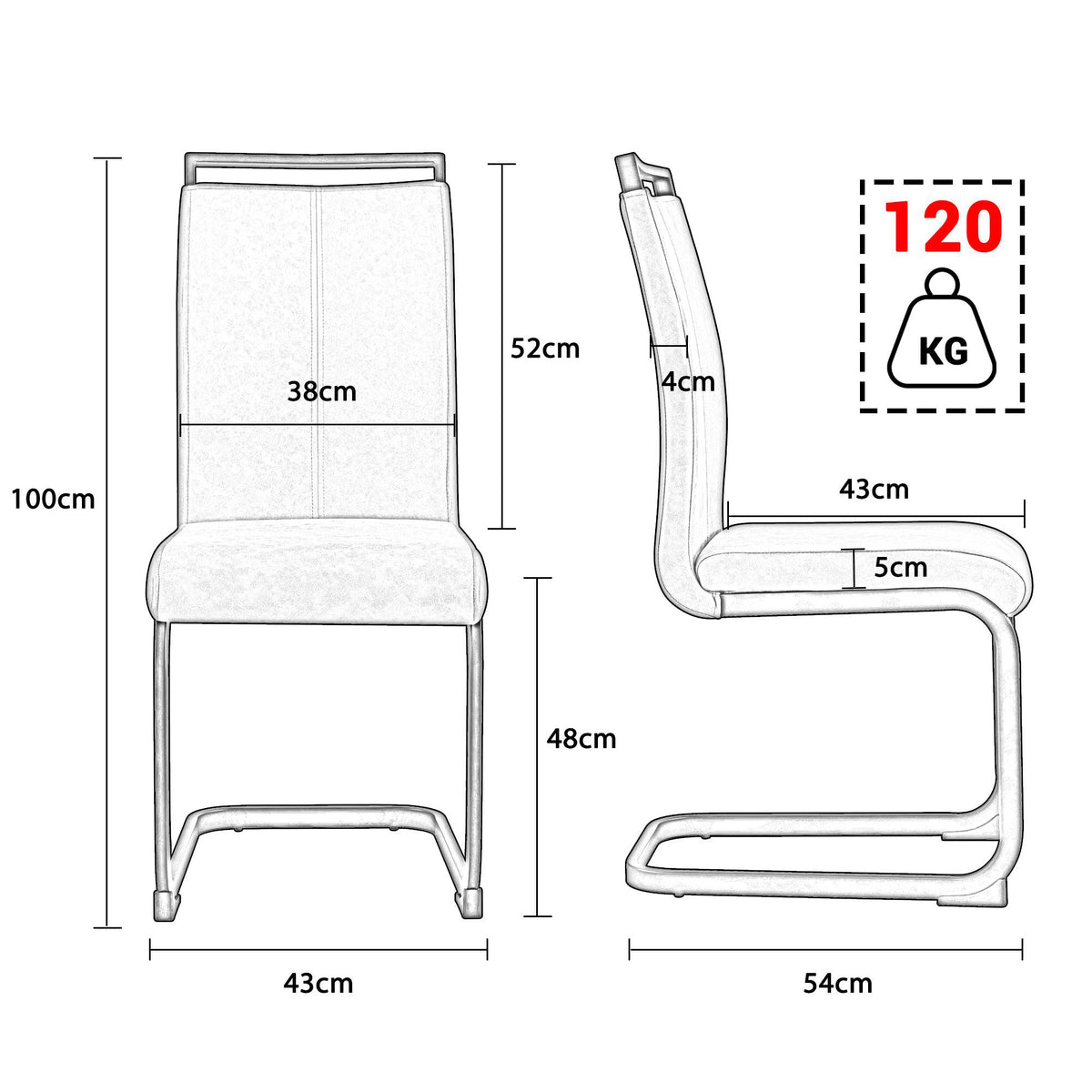 Esszimmerstühle 4er Set, Metallgestell, Ergonomischer Design, 43x54x100 cm, Schwarz