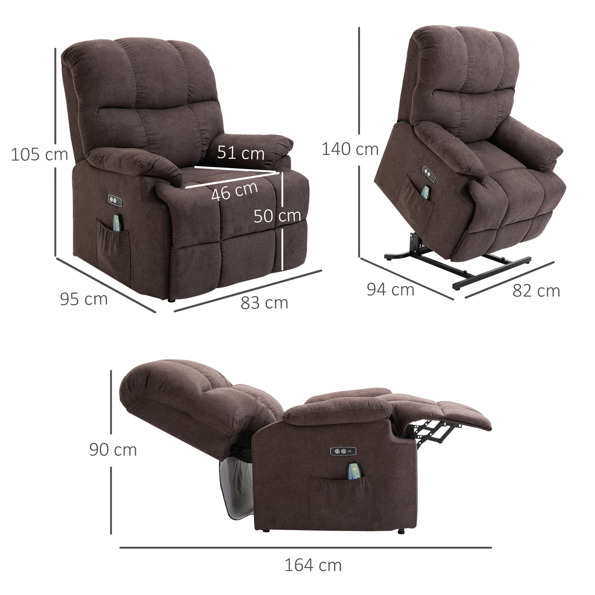 HOMCOM Massagesessel mit Aufstehhilfe, Relaxsessel mit Aufstehhilfe, inkl. Fernbedienung, USB-Schnittstelle, Braun