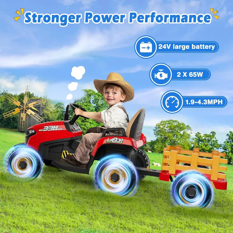 24V Ride-On Tractor for Kids – Tilting Detachable Trailer, Dual 65W Motors, Bluetooth, Remote Control & Music Features