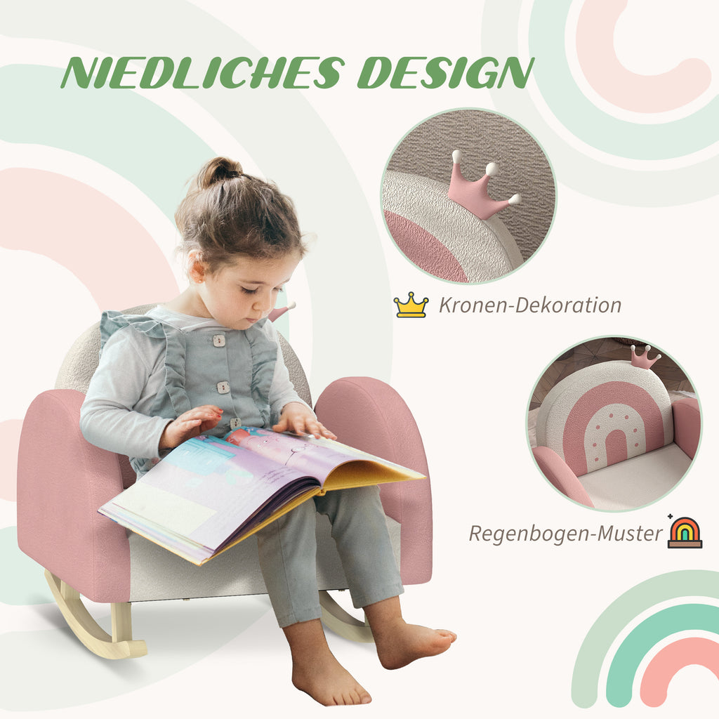 AIYAPLAY Kindersessel Schaukelstuhl, Kronen-Dekoration, Regenbogenmuster, Samt, Holz, 50x47x49 cm, Rosa