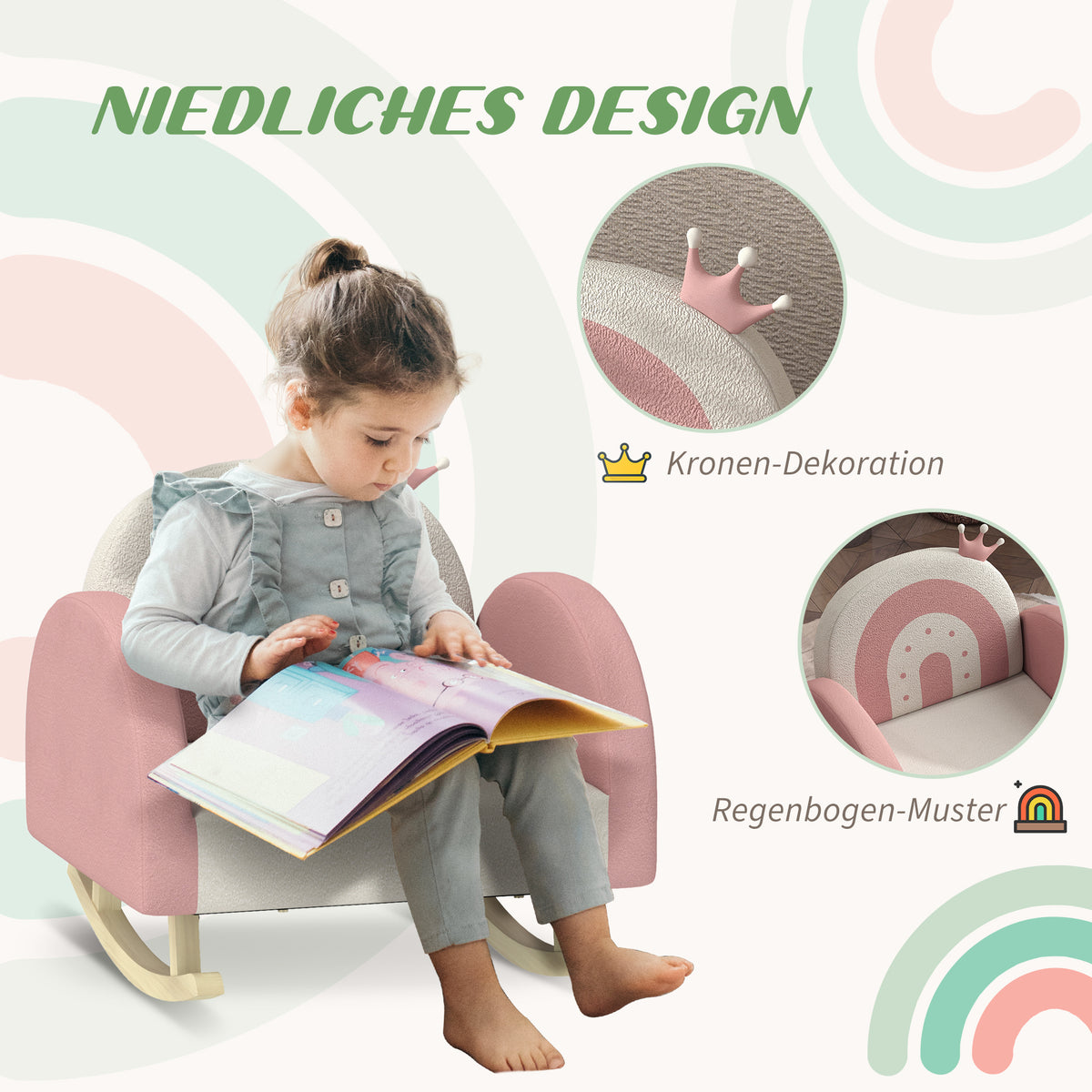 AIYAPLAY Kindersessel Schaukelstuhl, Kronen-Dekoration, Regenbogenmuster, Samt, Holz, 50x47x49 cm, Rosa