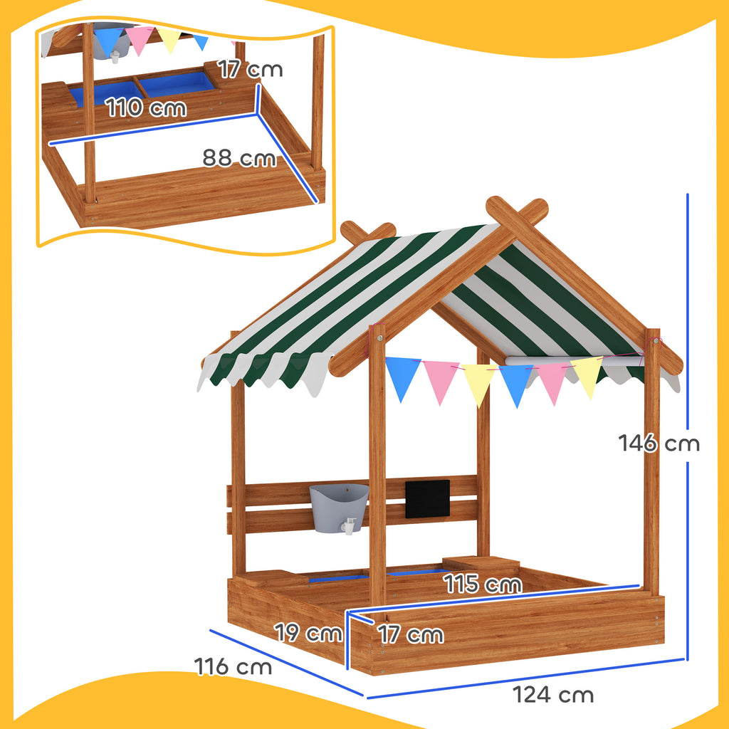 Outsunny Sandkasten mit Sonnenschutz, Spielhaus-Design, mit Spielzeug-Set, behandeltes Massivholz, 124 x 116 x 146 cm, Grün