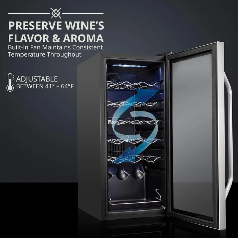18-Bottle Freestanding Wine Cooler with Lockable Glass Door — Adjustable Digital Thermostat (41°F–64°F) for Red, White, and Sparkling Wines