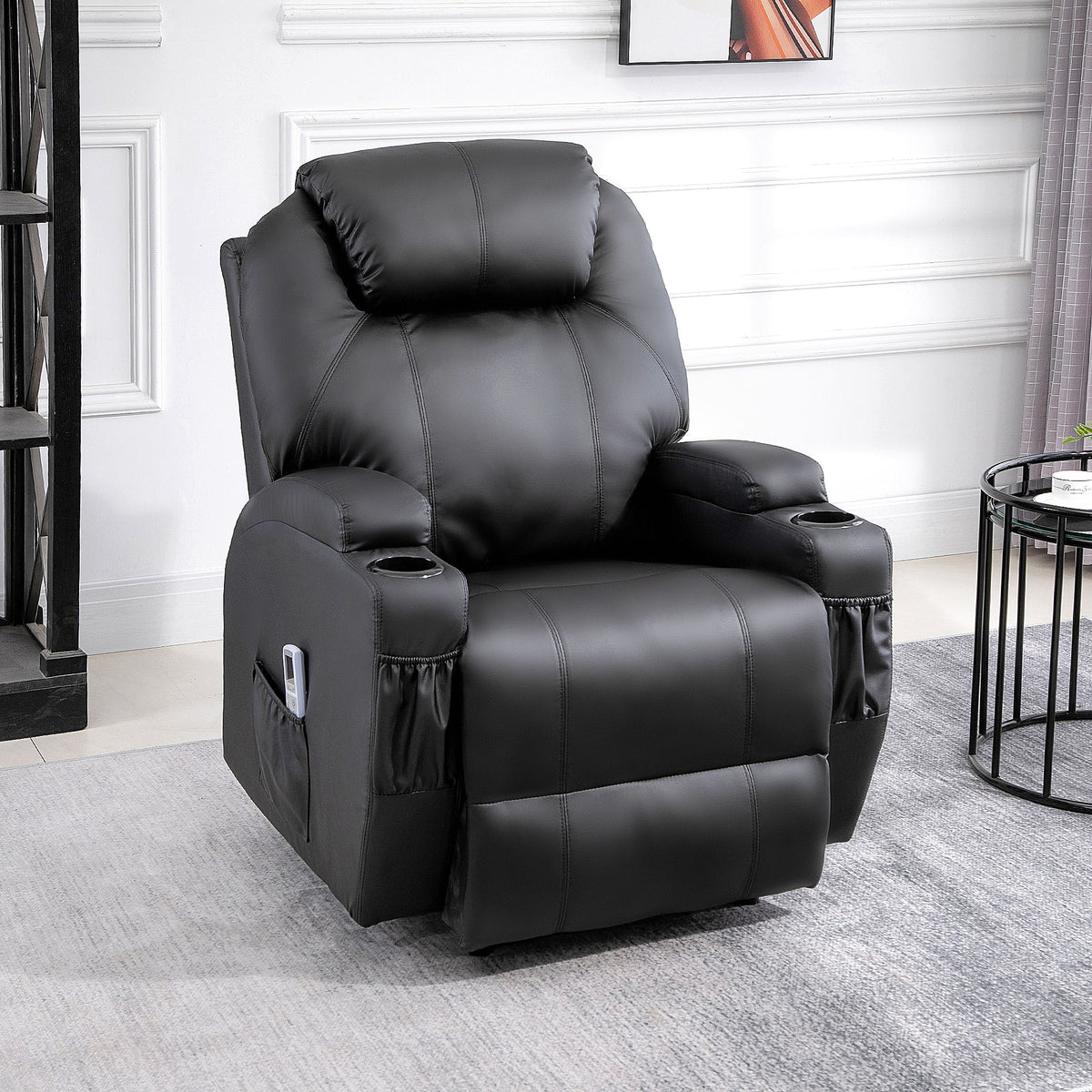 HOMCOM Massagesessel Elektrisch Relaxsessel Fernsehsessel Massagefunktion Liegefunktion TV-Sessel mit 2 Seitentaschen und Getränkehalter Kunstleder Schwarz 82 x 97 x 110 cm