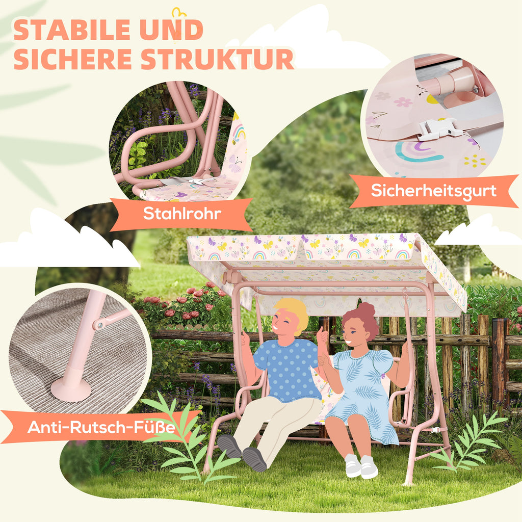 AIYAPLAY Hollywoodschaukel für Kinder, Stahlrahmen, 2-Sitzer, 60 kg belastbar, Rosa