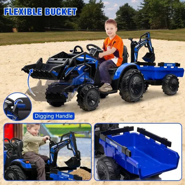 24V 3-in-1 Ride-On Tractor – Excavator & Bulldozer Functions, Remote Control, LED Lights, Bluetooth Audio (Blue)