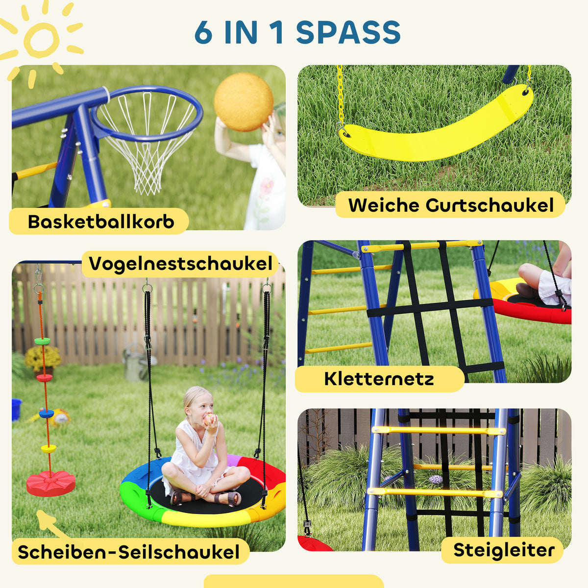 AIYAPLAY Kinderschaukel-Set, Stahl, 3-8 Jahre, 6-in-1-Design, Bunt
