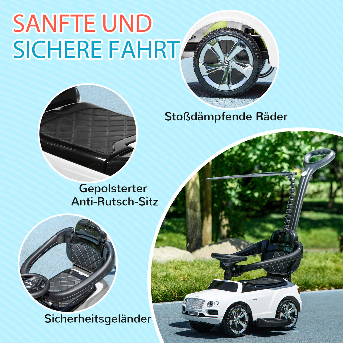 AIYAPLAY 3-in-1 Rutschauto, abnehmbare Schiebestange, Hupe, Musik, Stauraum, für 1-3 Jahre, Weiß
