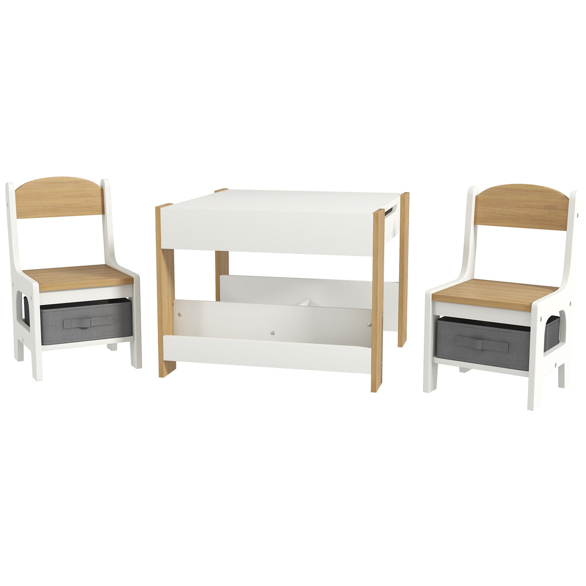 HOMCOM 3-teiliges Set Tisch und 2 Stühle für Kinder mit umdrehbarer Tischplatte, Tafel, Stauraumkorb