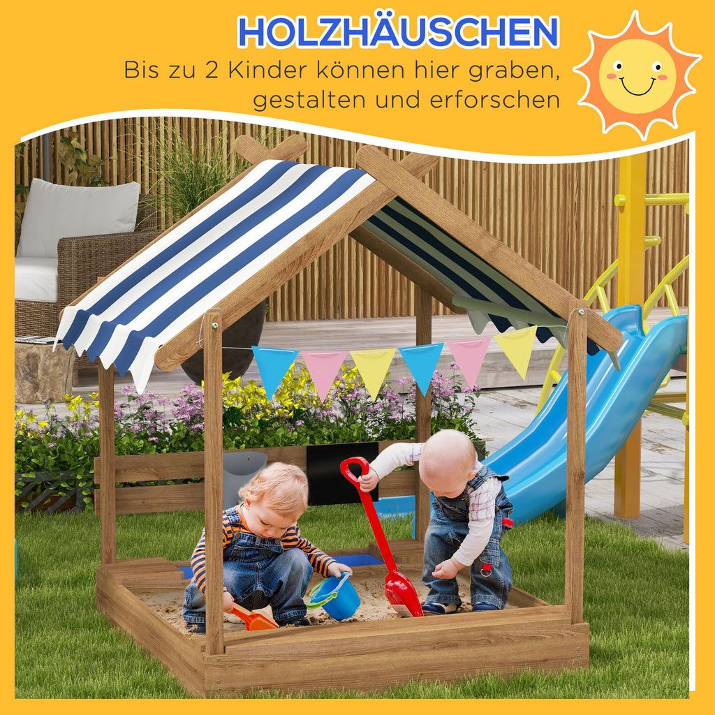Outsunny Sandkasten mit Sonnenschutz, Spielhaus-Design, mit Spielzeug-Set, behandeltes Massivholz, 124 x 116 x 146 cm, Braun