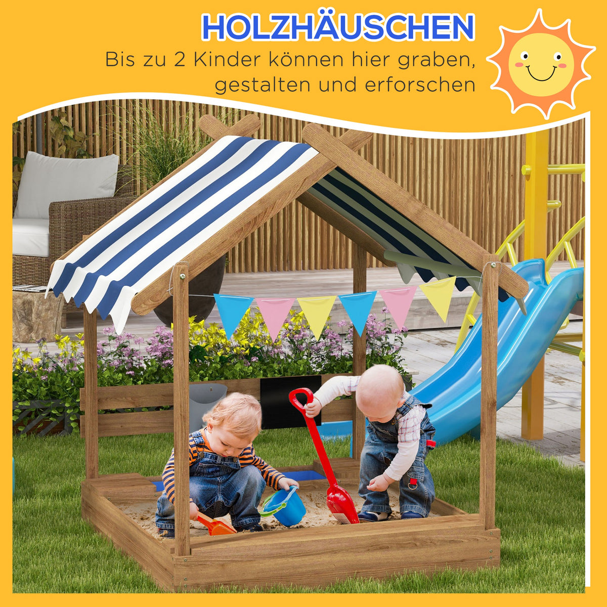 Outsunny Sandkasten mit Sonnenschutz, Spielhaus-Design, mit Spielzeug-Set, behandeltes Massivholz, 124 x 116 x 146 cm, Braun