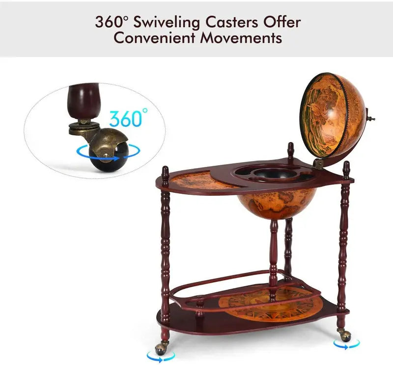 16th-Century Italian-Style Wine Bar Stand – 34-Inch Wood Globe Rack with Expanded Bottle Shelf
