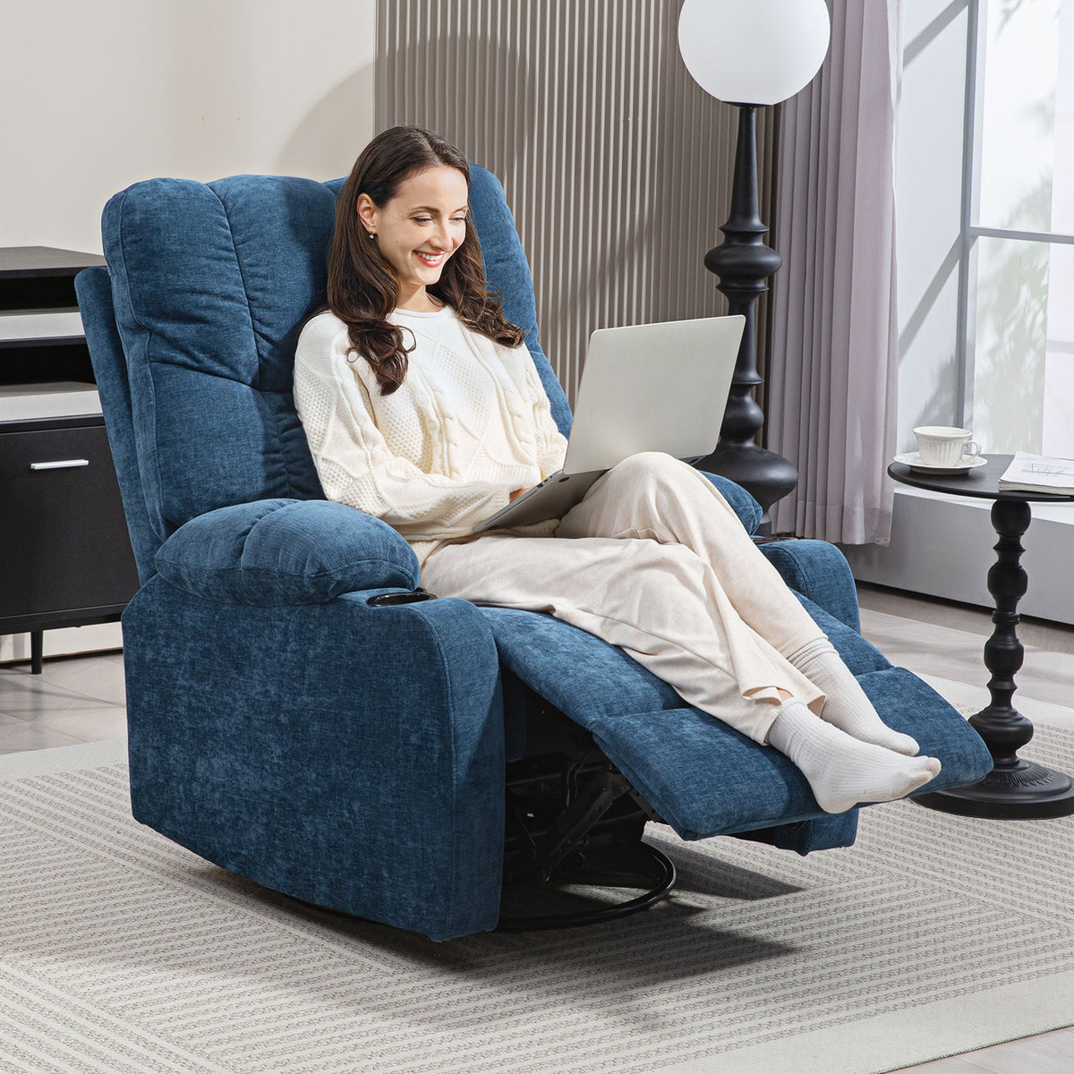 HOMCOM Relaxsessel mit Fußstütze, Liegesessel, drehbar, bis 150 kg, Stahlrahmen, 88x96x108cm, Dunkelblau