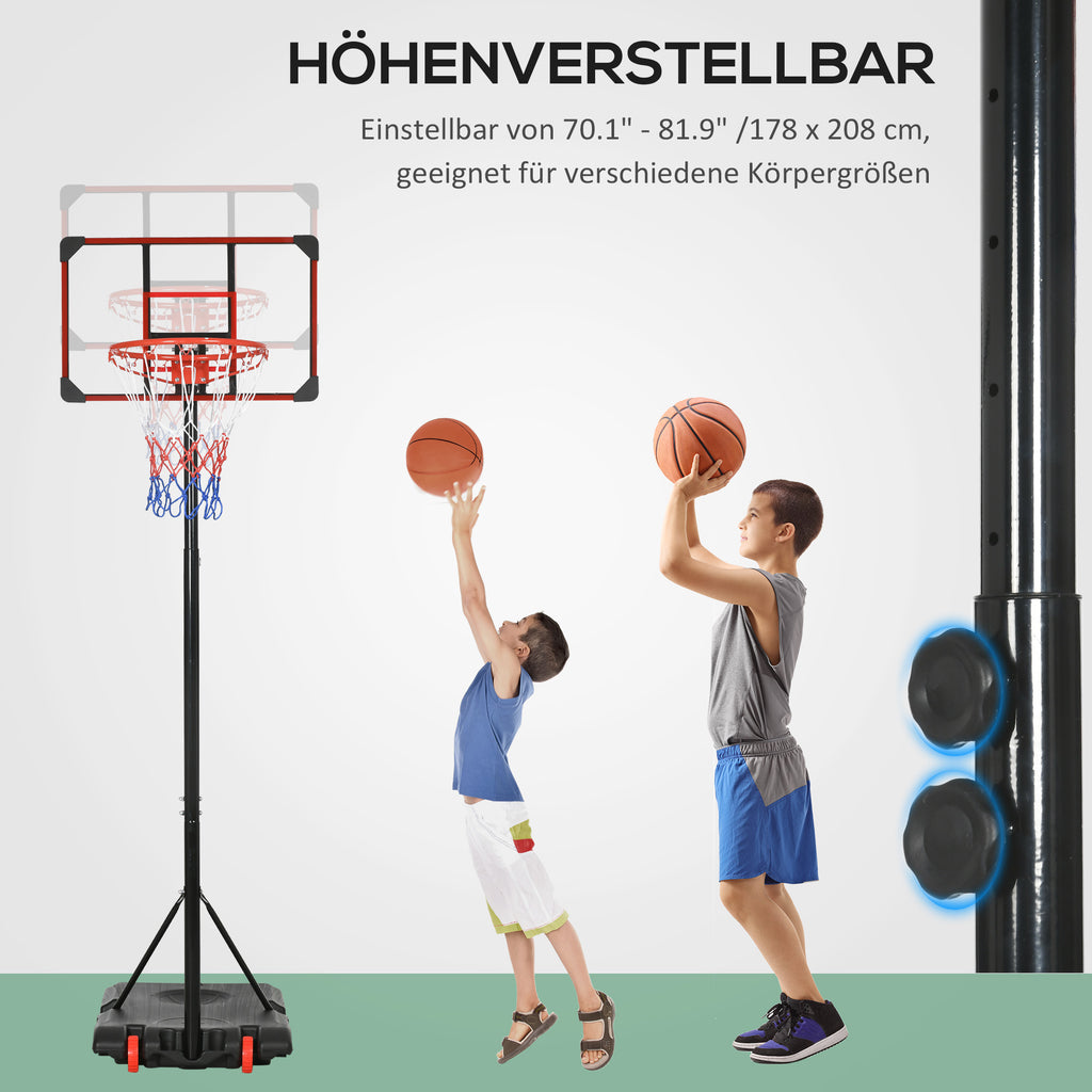 SPORTNOW Outdoor-Basketballkorb, 178-208 cm Verstellbare Korbhöhe, Basketballständer mit Rollen, für Kinder, Jugendliche, Rot