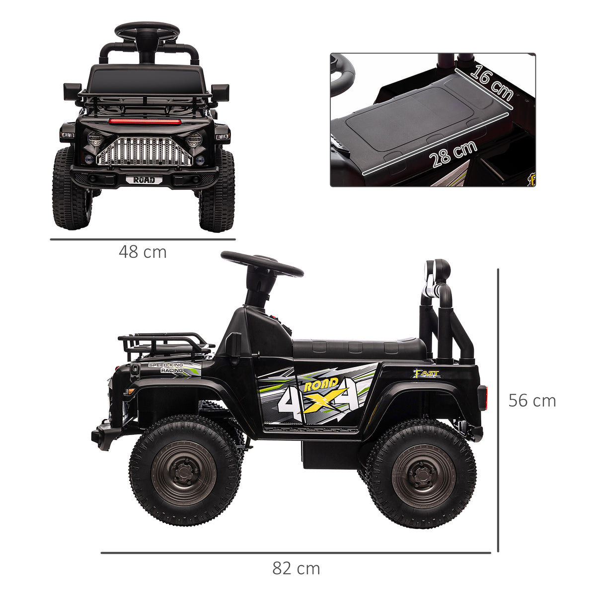 HOMCOM Elektro Kinderauto, Geländewagen, mit Stauraum, 3 km/h, Musikanschluss, Scheinwerfer, Hupe, Schwarz