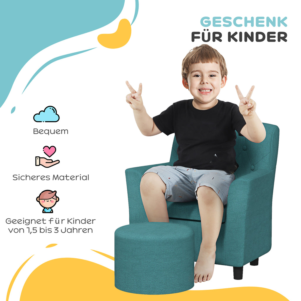 AIYAPLAY Kindersessel mit Hocker, Rückenlehne Diamantmuster, weiche Sitzfläche, Holzrahmen, Blau