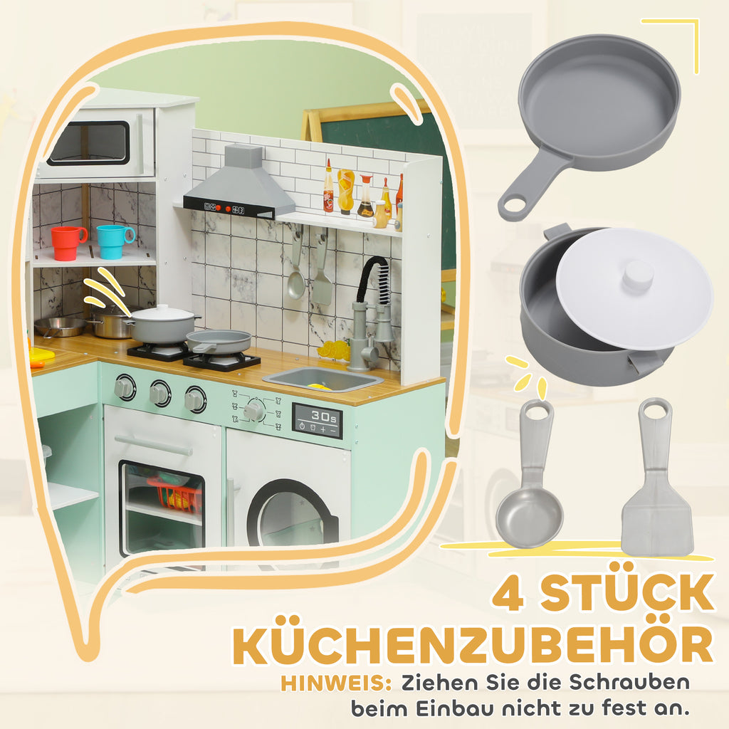 AIYAPLAY Kinderküche zum Spielen, Küchenset mit Tafel, Dunstabzugshaube, realistische Licht- und Soundeffekte, Küchenutensilien