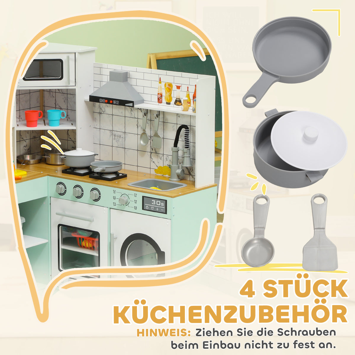 AIYAPLAY Kinderküche zum Spielen, Küchenset mit Tafel, Dunstabzugshaube, realistische Licht- und Soundeffekte, Küchenutensilien