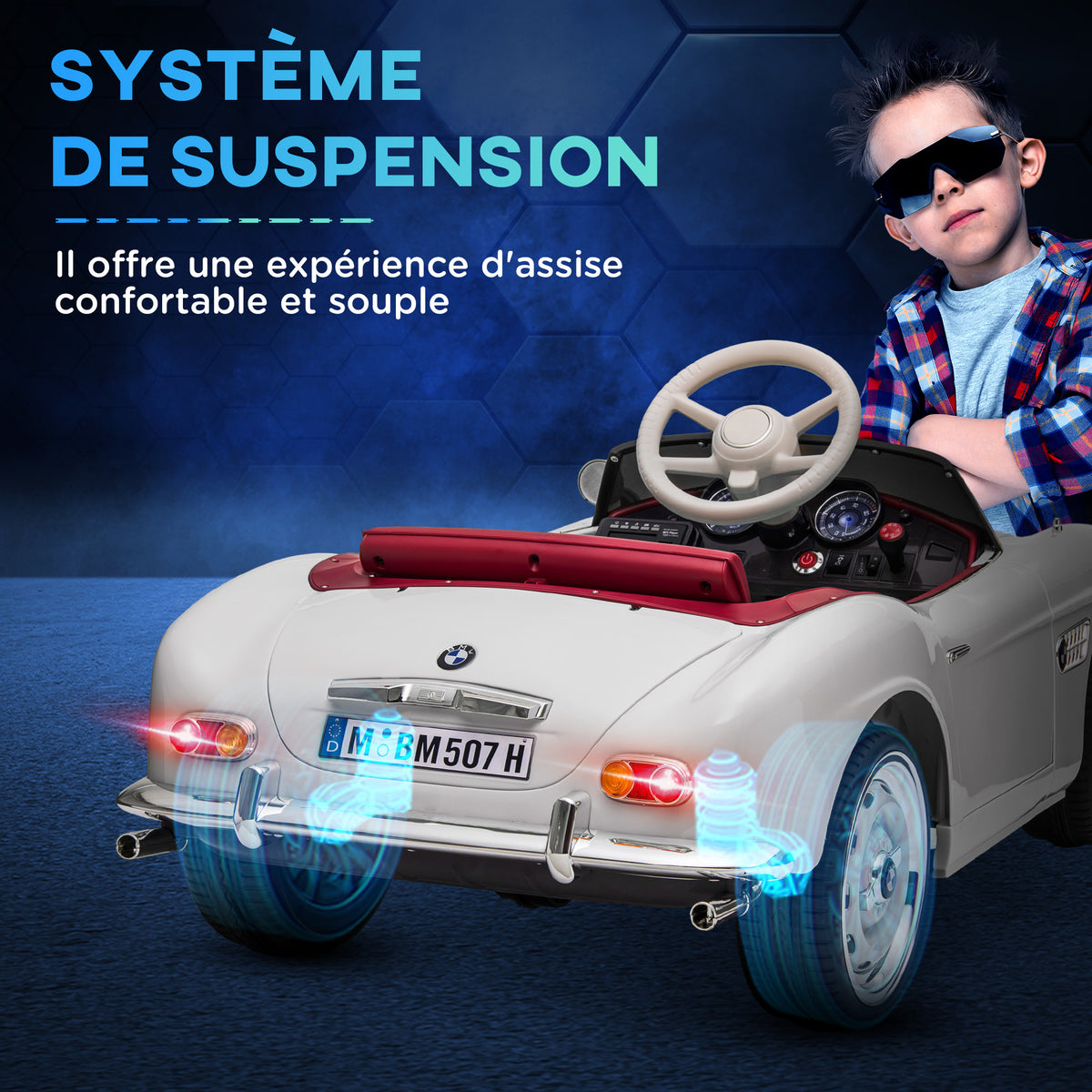HOMCOM Elektroauto für Kinder Lizenz BMW 507 Retro-Vintage-Stil 12V max. 5 km/h Fernbedienung Weiß