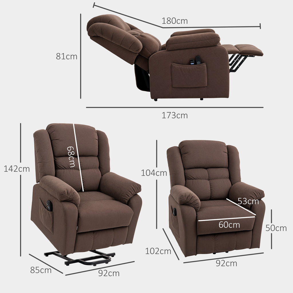 HOMCOM Aufstehsessel mit Massagefunktion und Lendenheizung, Recliner-Sessel mit Fernbedienungen und Seitentaschen, Dunkelbraun