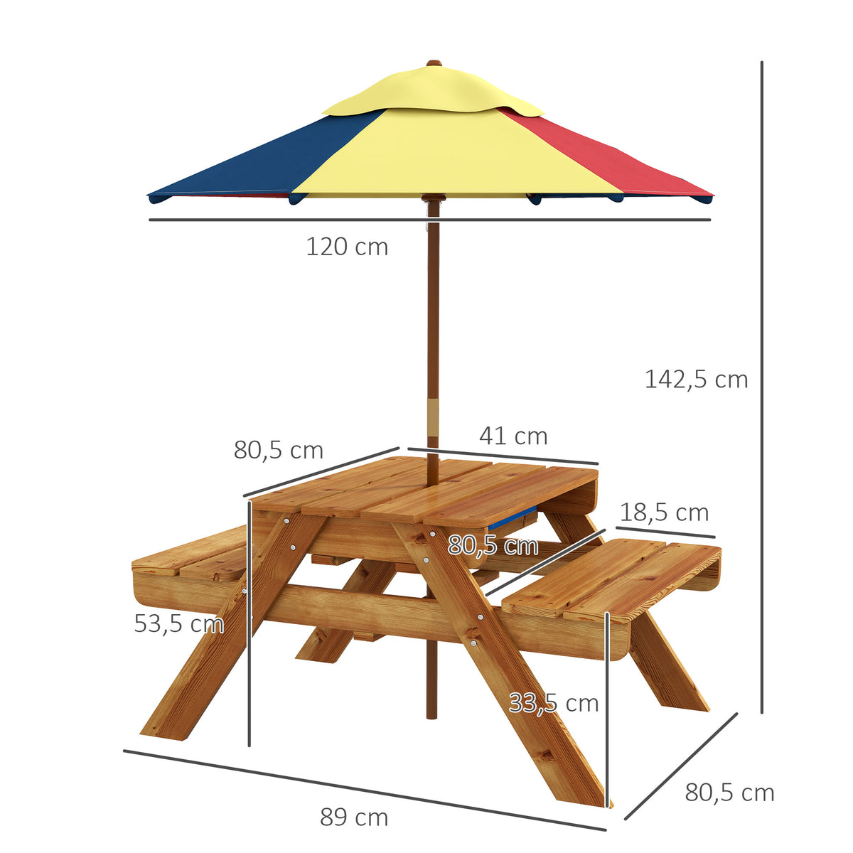 Outsunny Kindergarten Picknicktisch-Set mit Bänken, abnehmbarem Sonnenschirm, 2 Kunststoffbehältern, 2-in-1-Tisch für 4 Kinder