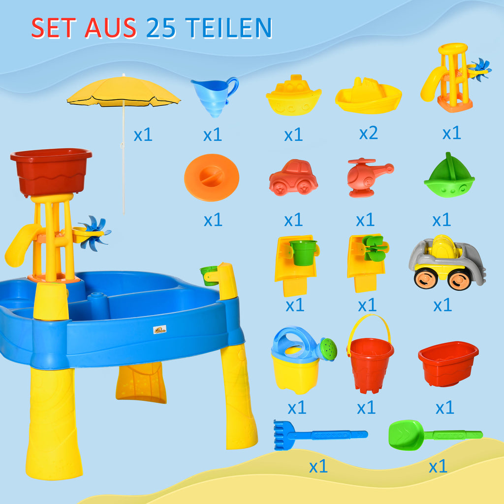 HOMCOM Spieltisch-Set 25-teilig mit Sonnenschirm 72,5 x 78 x 81,5cm für Kinder 18+ Monate