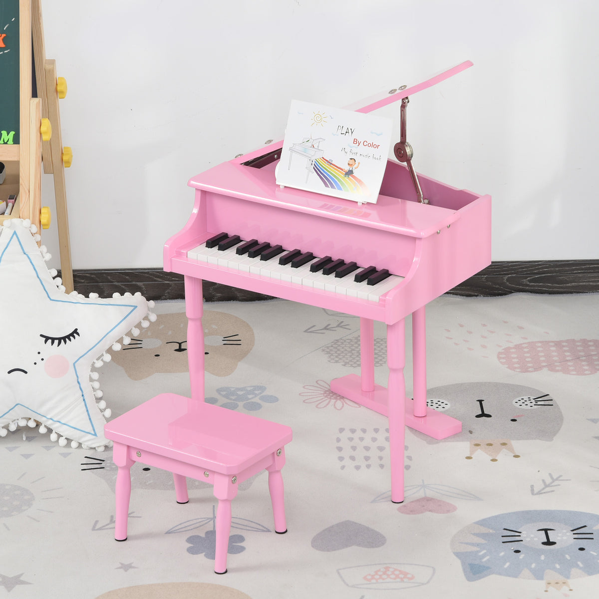 HOMCOM Kinder-Flügelpiano aus Holz mit 30 Tasten - inkl. Hocker und Notenständer - MDF in Rosa