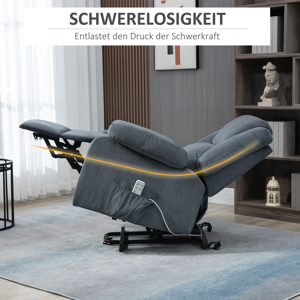HOMCOM Aufstehsessel, Relaxsessel, mit Liegefunktion, Fernbedienung, Samtoptik, grau, 92 x 93 x 105 cm