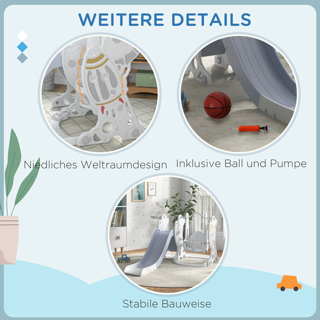 AIYAPLAY 3-in-1-Set Kinderrutsche mit Schaukel, Basketballkorb, Raketen-Design, weiß+grau, 150L x 185B x 92H cm