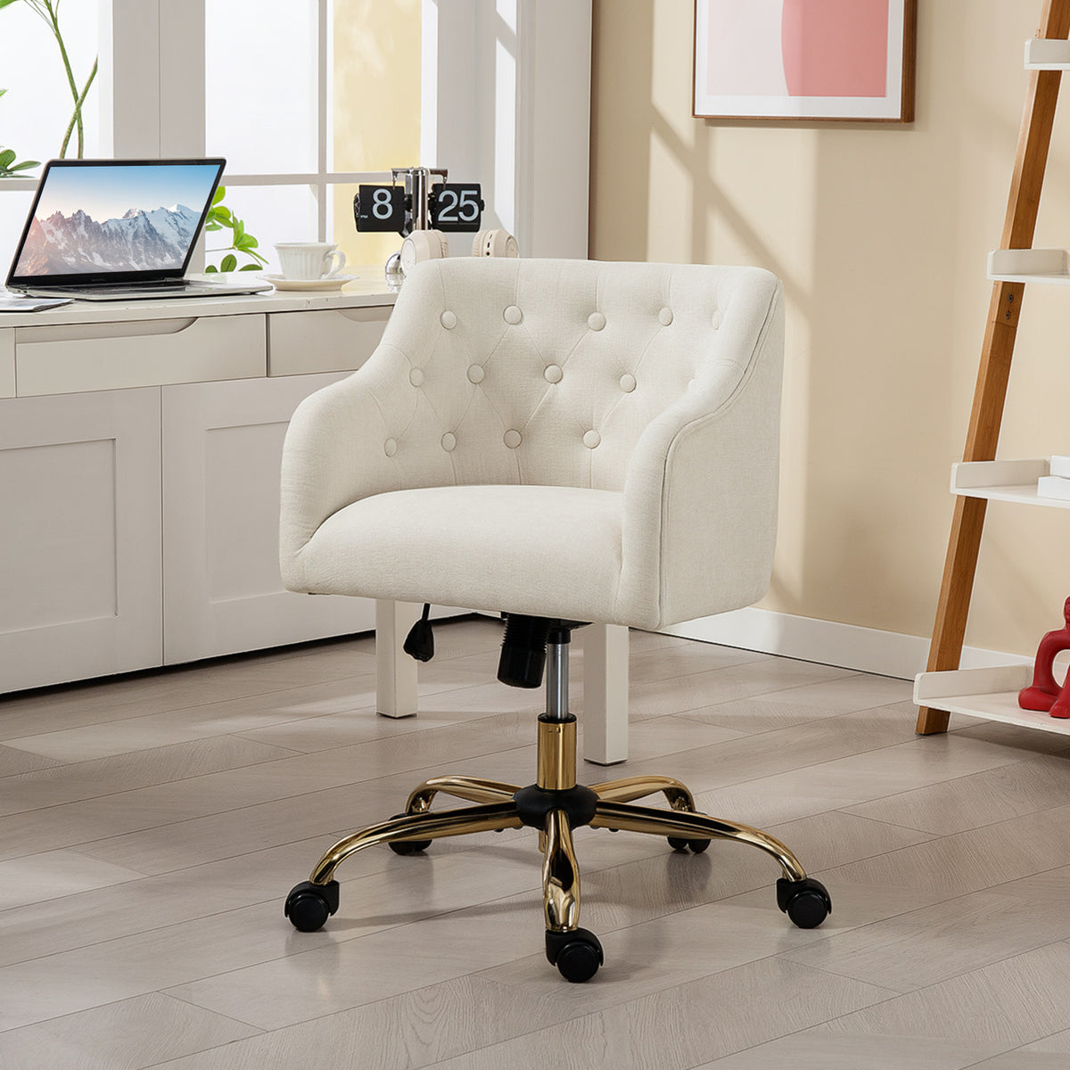 HOMCOM Gepolsterter Bürostuhl, Schreibtischstuhl in Leinenoptik, goldfarbene Beine, höhenverstellbar, Beige