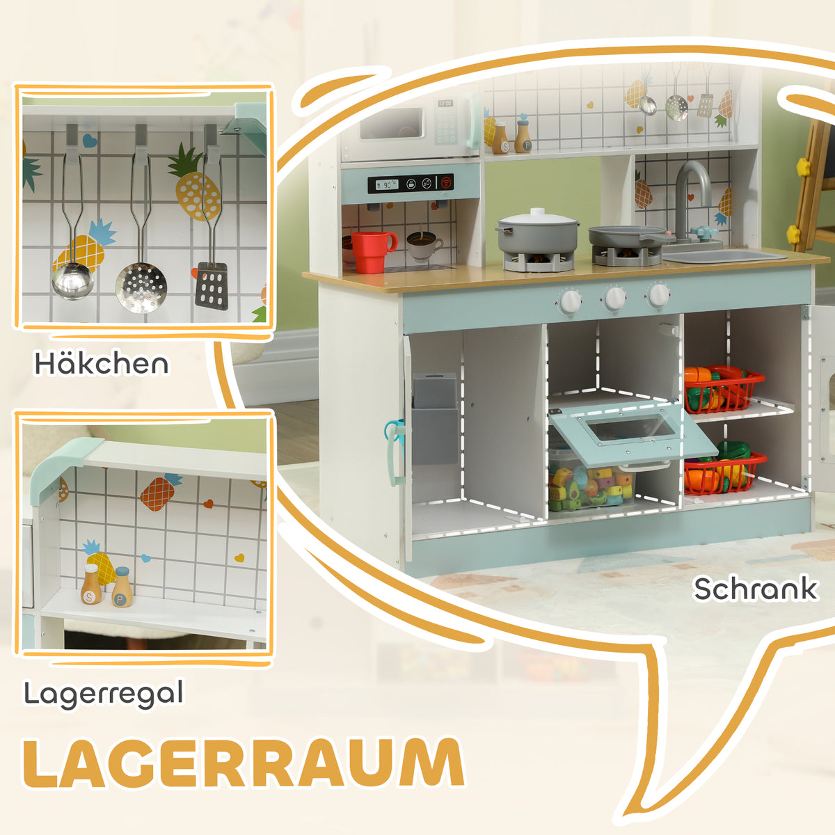 AIYAPLAY Spielküchen-Set, Kinderküche mit Effekten, Kaffeemaschine, Ofen, viel Stauraum, MDF, Edelstahl, für Kinder ab 3 Jahren