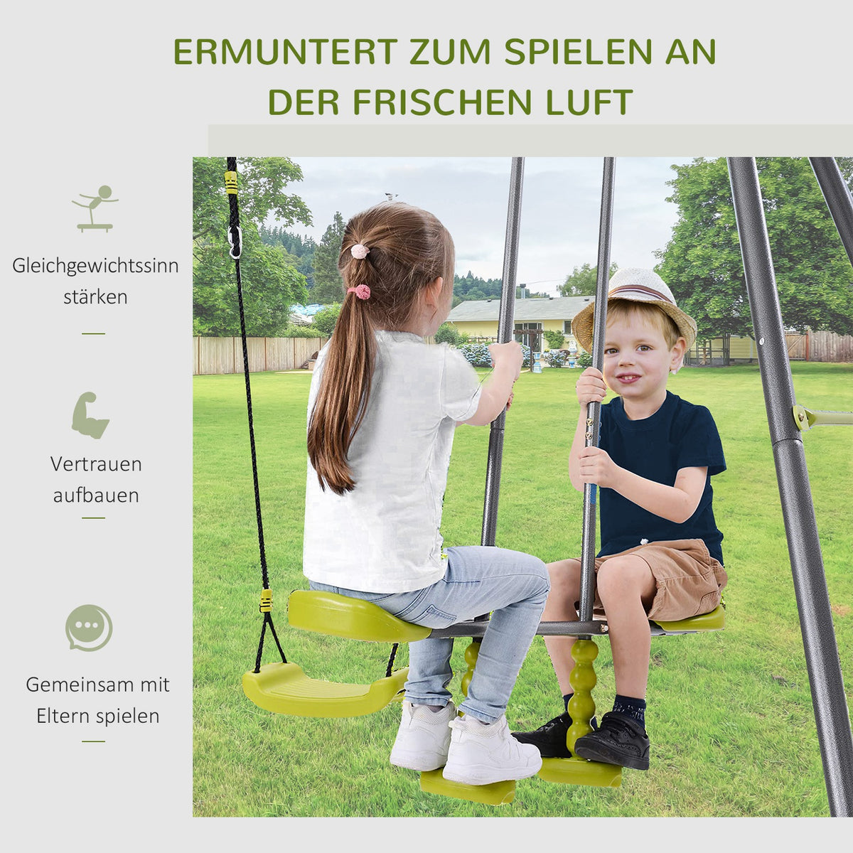 HOMCOM Kinderschaukel Gartenschaukel Schaukelgerüst Schaukelset mit Metallgestell Kletterseilleiter Wippe 3-10 Jahre bis 3 Kinder