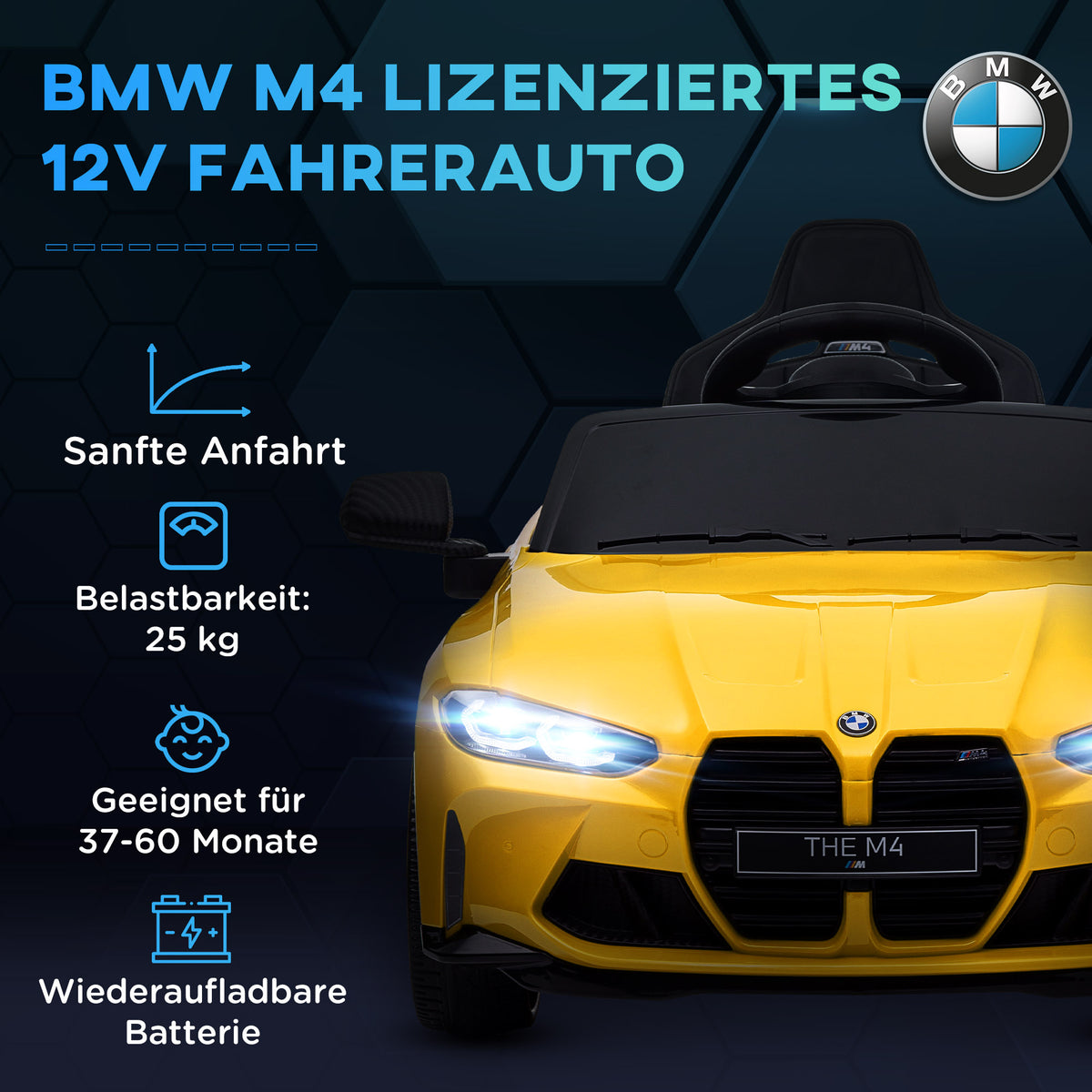 AIYAPLAY Elektro Kinderauto BMW M4, Sound & Licht, 3-5 km/h, inkl. Fernsteuerung, für 3-5 Jahre, Gelb