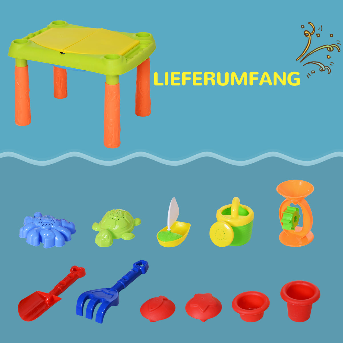 AIYPLAY Sand Wasserspieltisch, Sand- und Wassertisch Outdoor Strandspielzeug mit 16-tlg. Zubehör Sommerspielzeug für 3+ Jahre Kinder