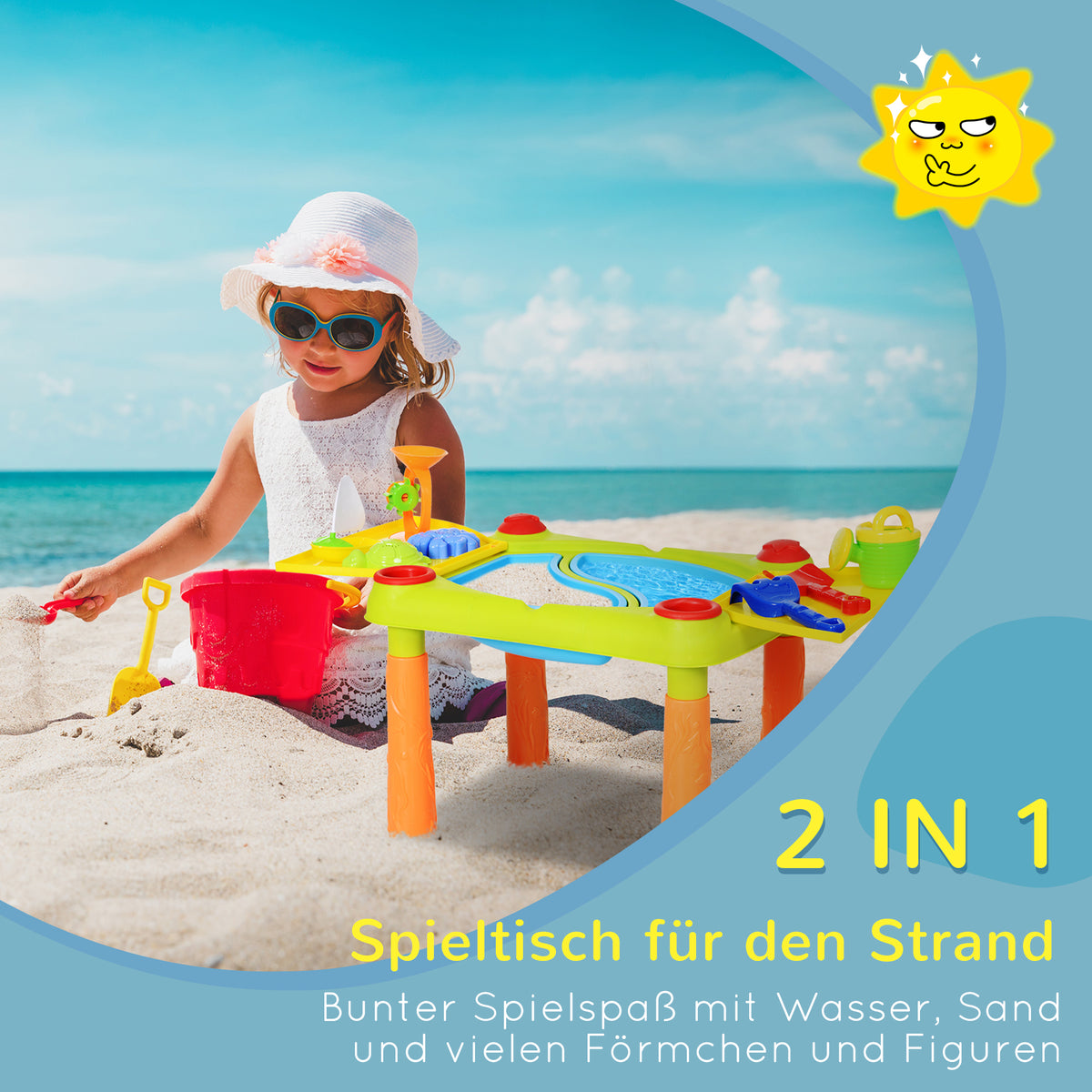 AIYPLAY Sand Wasserspieltisch, Sand- und Wassertisch Outdoor Strandspielzeug mit 16-tlg. Zubehör Sommerspielzeug für 3+ Jahre Kinder