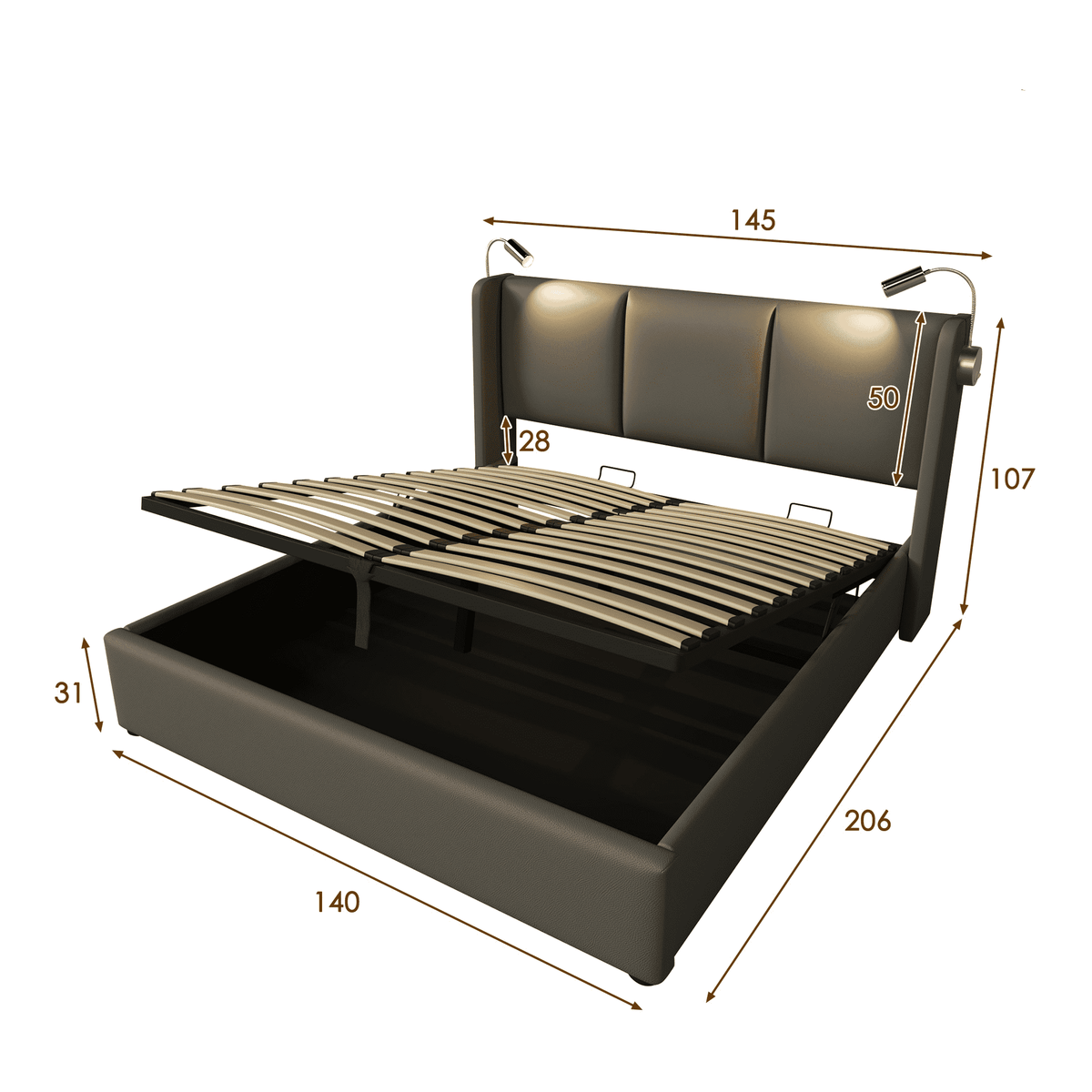 Bettgestell 140x200 – Doppelbett mit Stauraum, LED-Lampe und USB-Anschluss fürs Wohnzimmer, robust, gepolstertes Kopfteil, grau