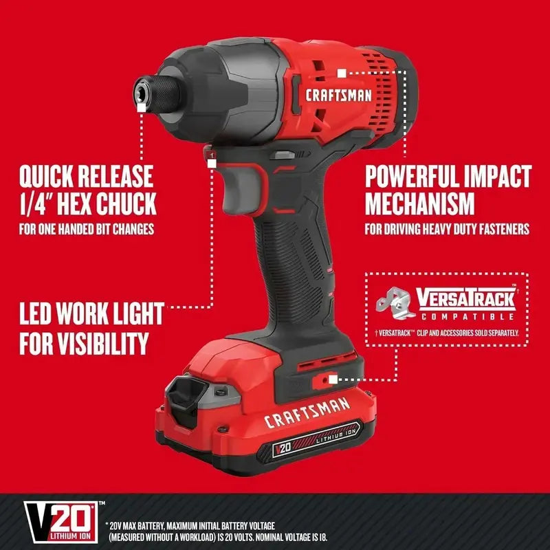 20V MAX Impact Driver with LED Light & Built-in Battery Charger – 2,800 RPM High-Torque Tool