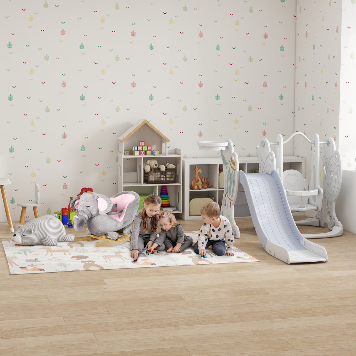 AIYAPLAY 3-in-1-Set Kinderrutsche mit Schaukel, Basketballkorb, Raketen-Design, weiß+grau, 150L x 185B x 92H cm