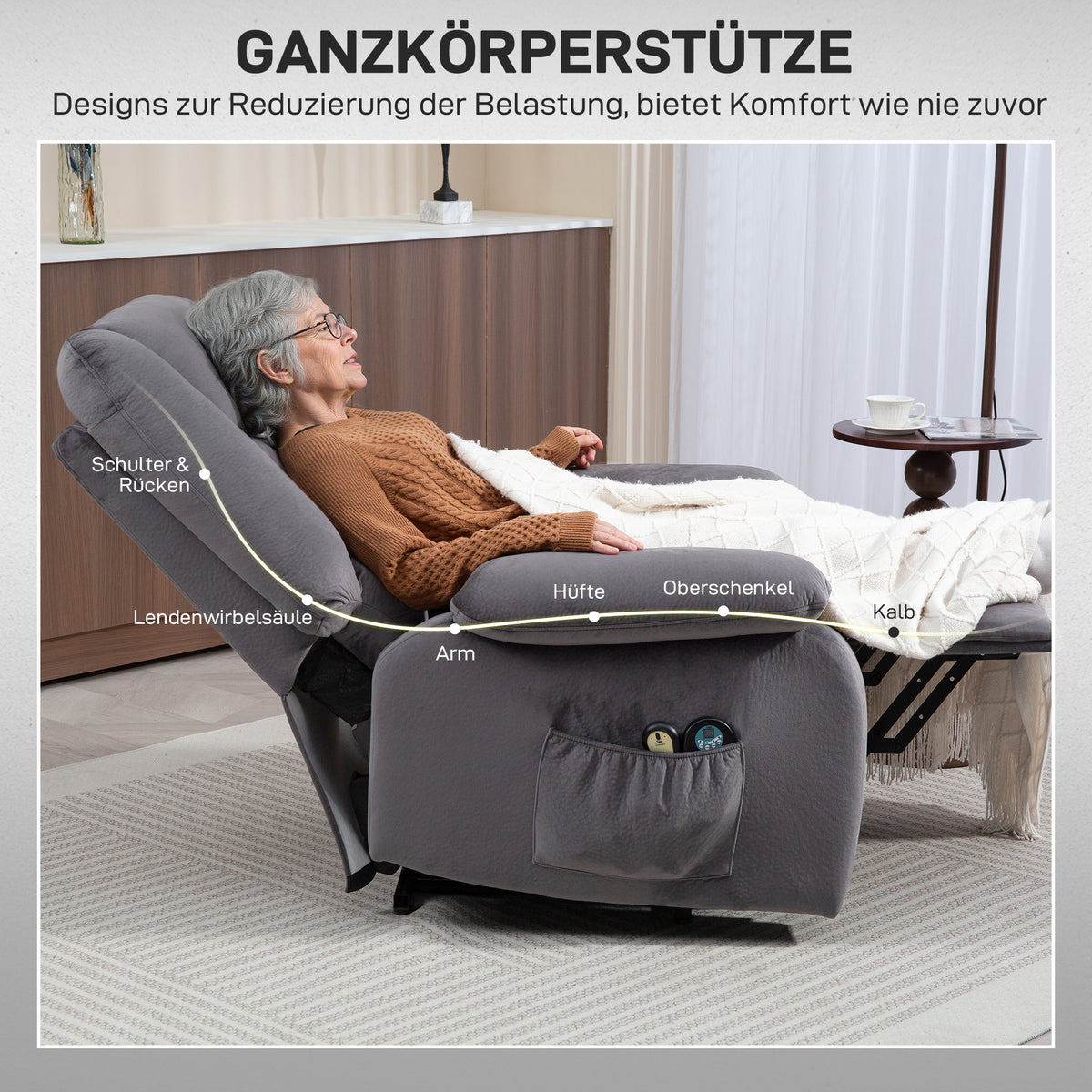 HOMCOM Fernsehsessel mit Aufstehhilfe, Wärme- und Massagefunktion, Fernbedienung und Seitentasche, Dunkelgrau