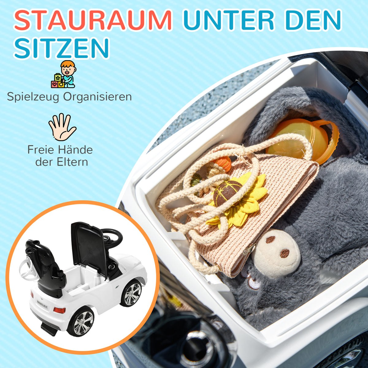 AIYAPLAY 3-in-1 Rutschauto, abnehmbare Schiebestange, Hupe, Musik, Stauraum, für 1-3 Jahre, Weiß